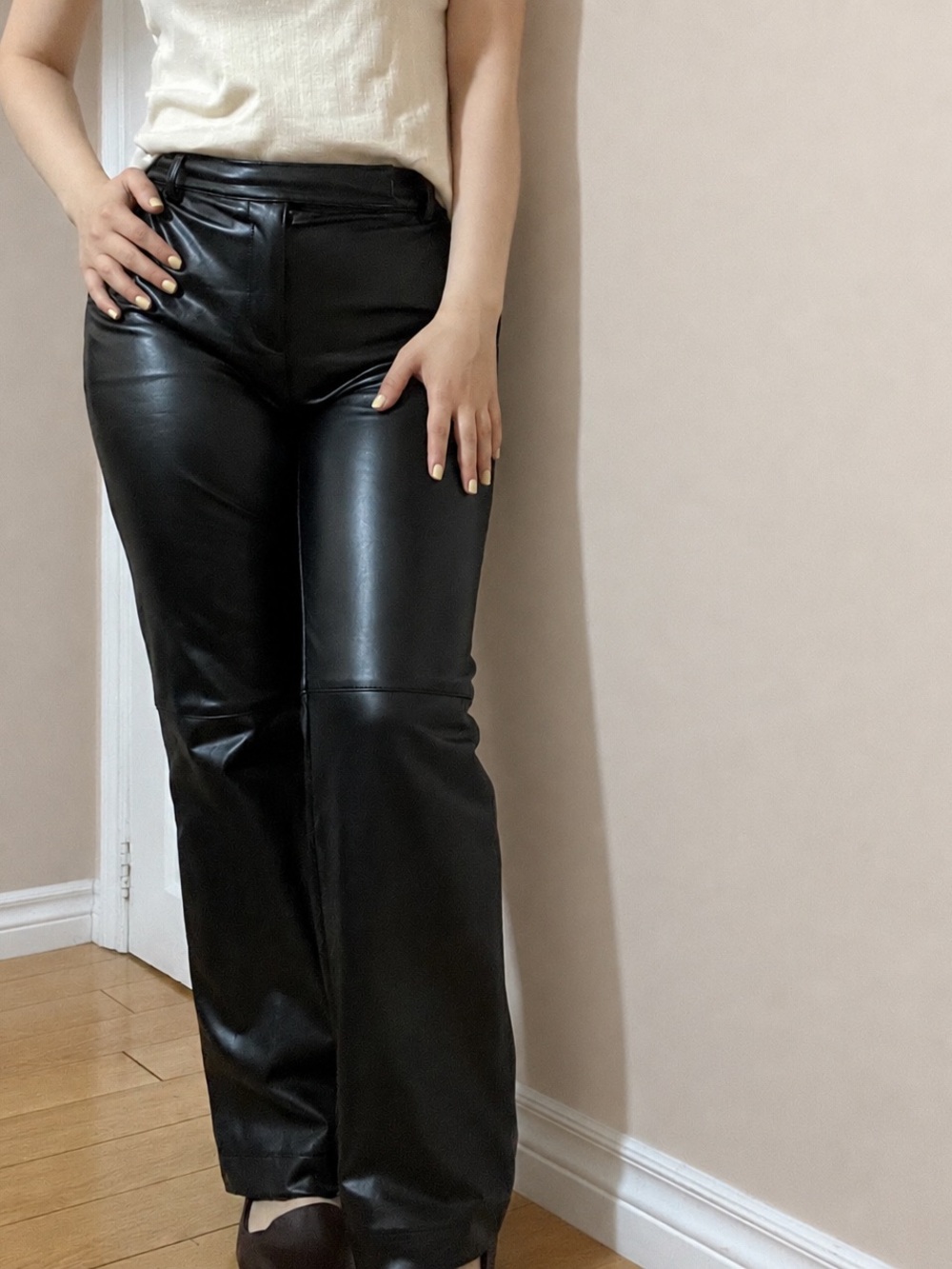 Black Vegan Leather Straight-Leg Pants